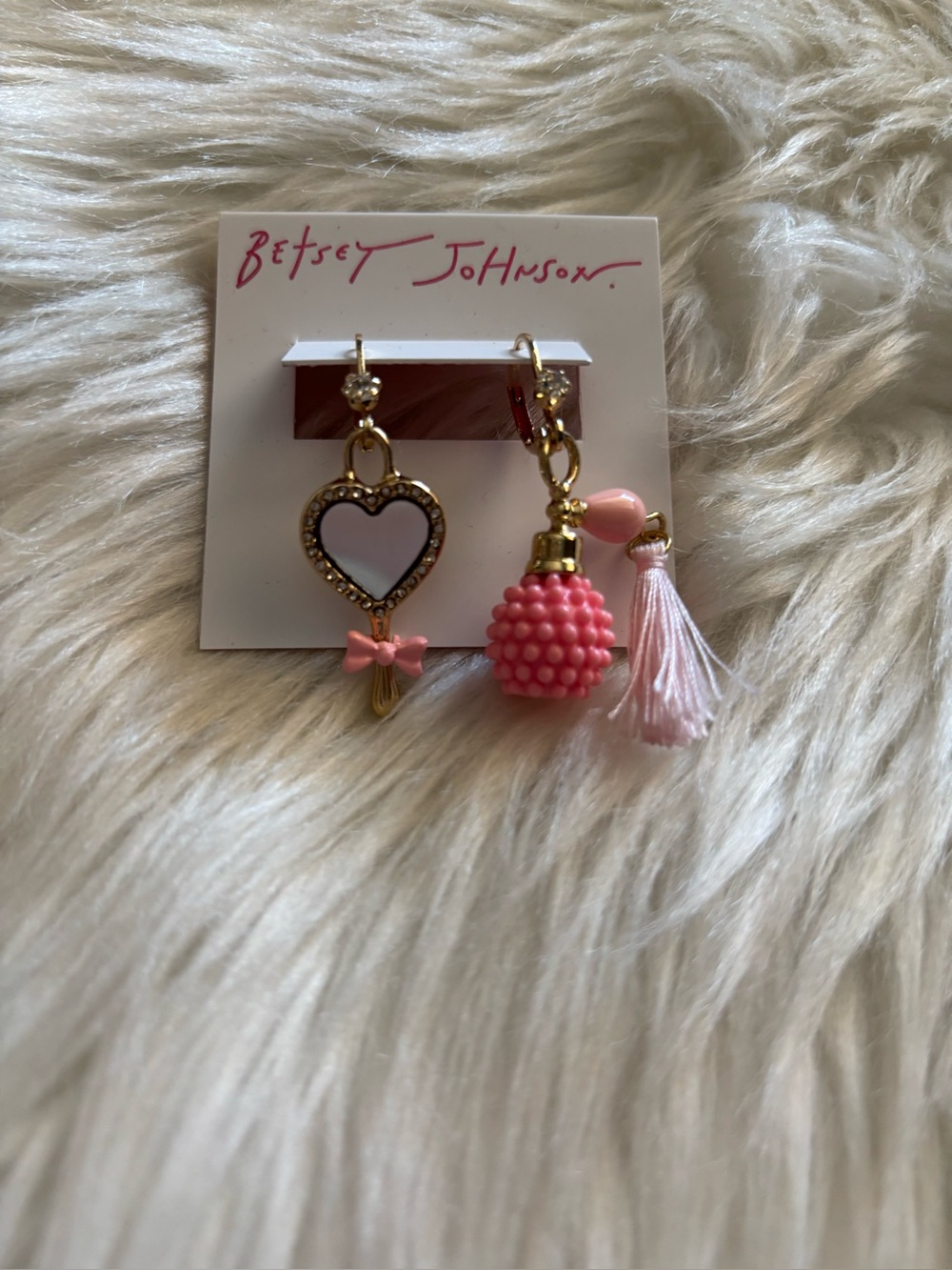 Betsey Johnson Gold & Pink Heart Tassel Dangle Earrings